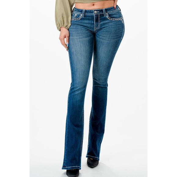 Grace In LA Women's Western Stars Feathers Embroidered Bootcut Stretch Jeans - Picture 2 of 3